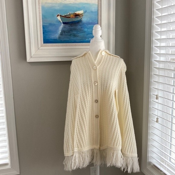 Vintage Sweaters - Vintage Julie Knitwear Cream Knit Poncho Fringe Sweater